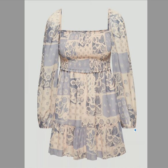 Wilfred Aritzia Small Tempest Mini Dress Smocked Wheat/Basalt Grey - Picture 1 of 7
